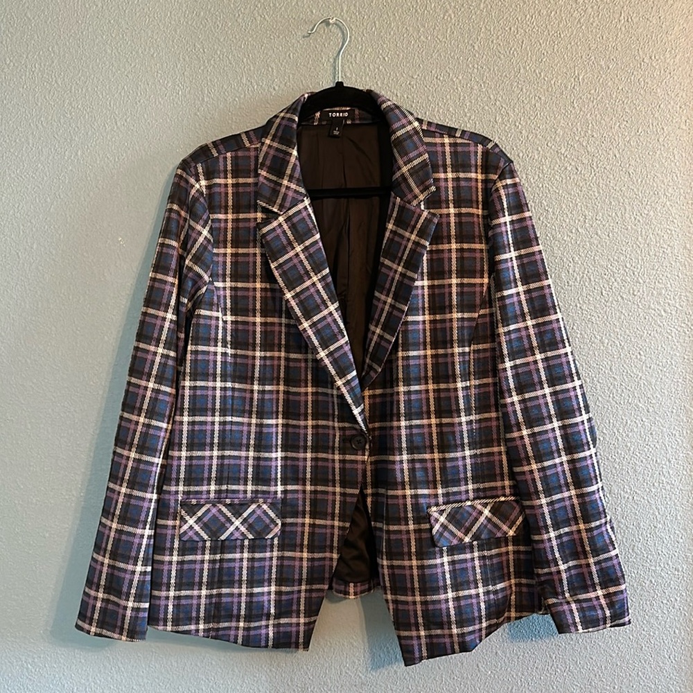 Torrid DOUBLE KNIT BLAZER - PLAID PURPLE Size 1 Good Condition
